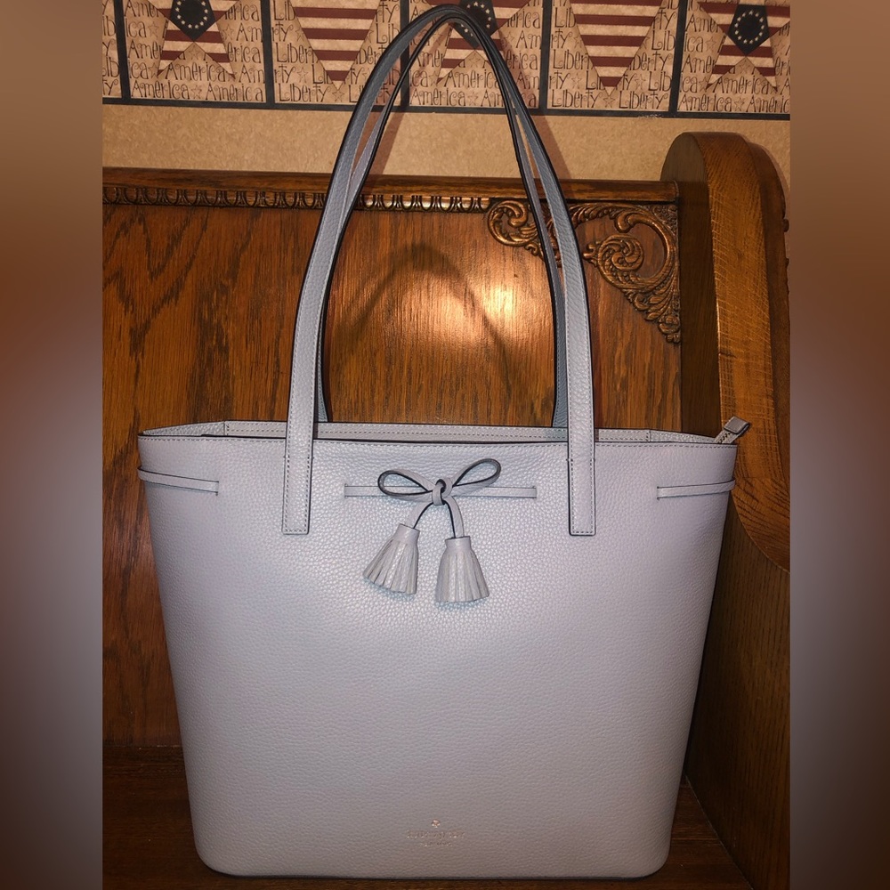 NWT-Kate Spade-Hayes-Medium Zip Tote-Pebbled Leather-Muted Blue-Bow-Tassels-$379